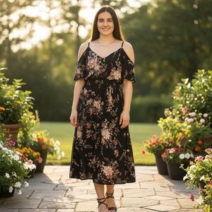 Black floral cold shoulder dress